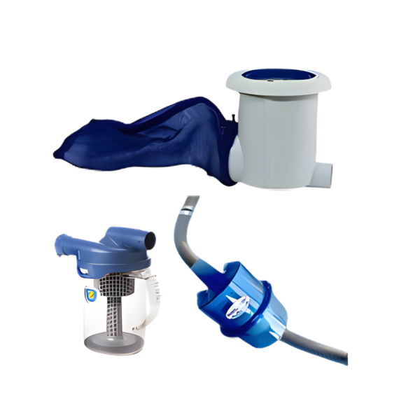 Pool leaf catcher collection including blue mesh bag, white in-wall skimmer basket, surface skimmer, inline leaf trap unit