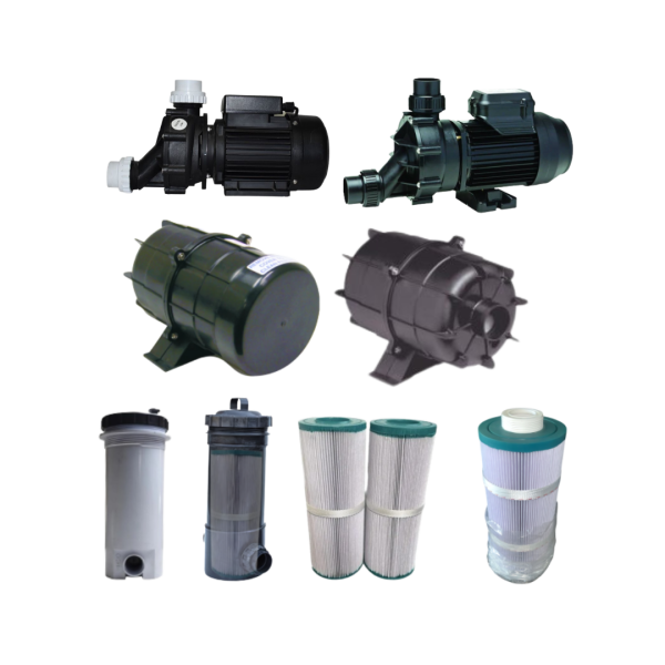 Spa pumps and filters including circulation pumps, jet pumps, air blowers, cartridge filter housings, pleated filter cartridges for spa water circulation and filtration